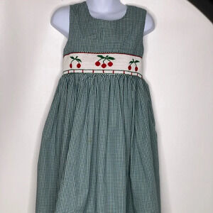 Be Mine girls green white gingham cherry smocked dress sz 4